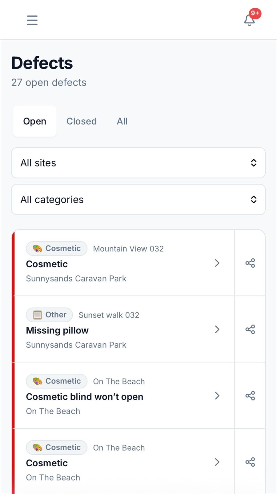 Owner dashboard showing open defects filterable by site and category