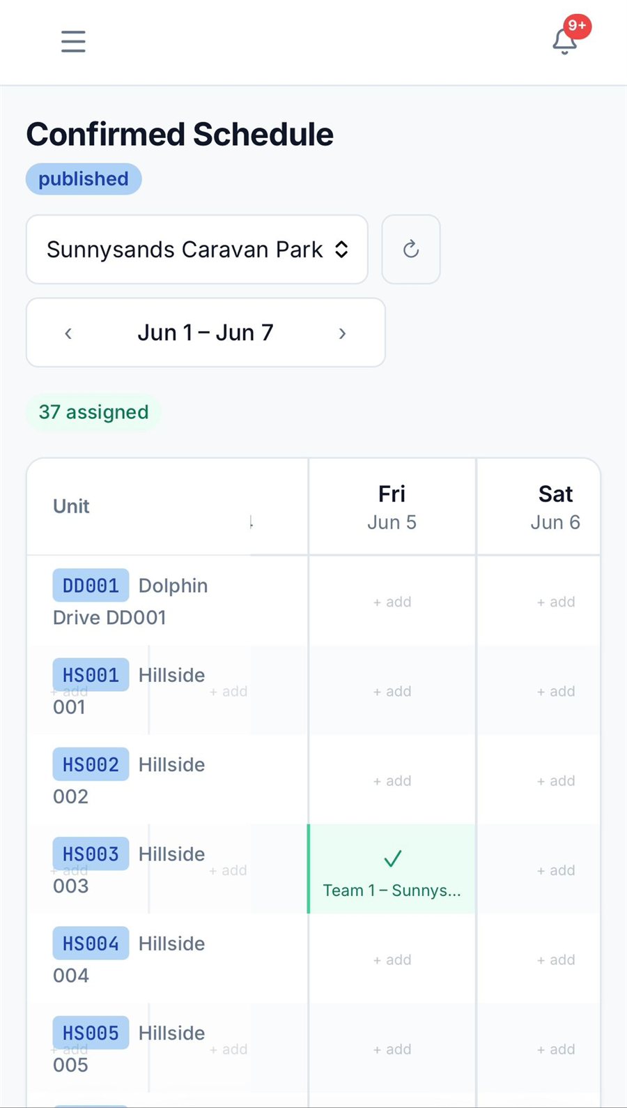 Owner dashboard showing a confirmed, published weekly cleaning schedule